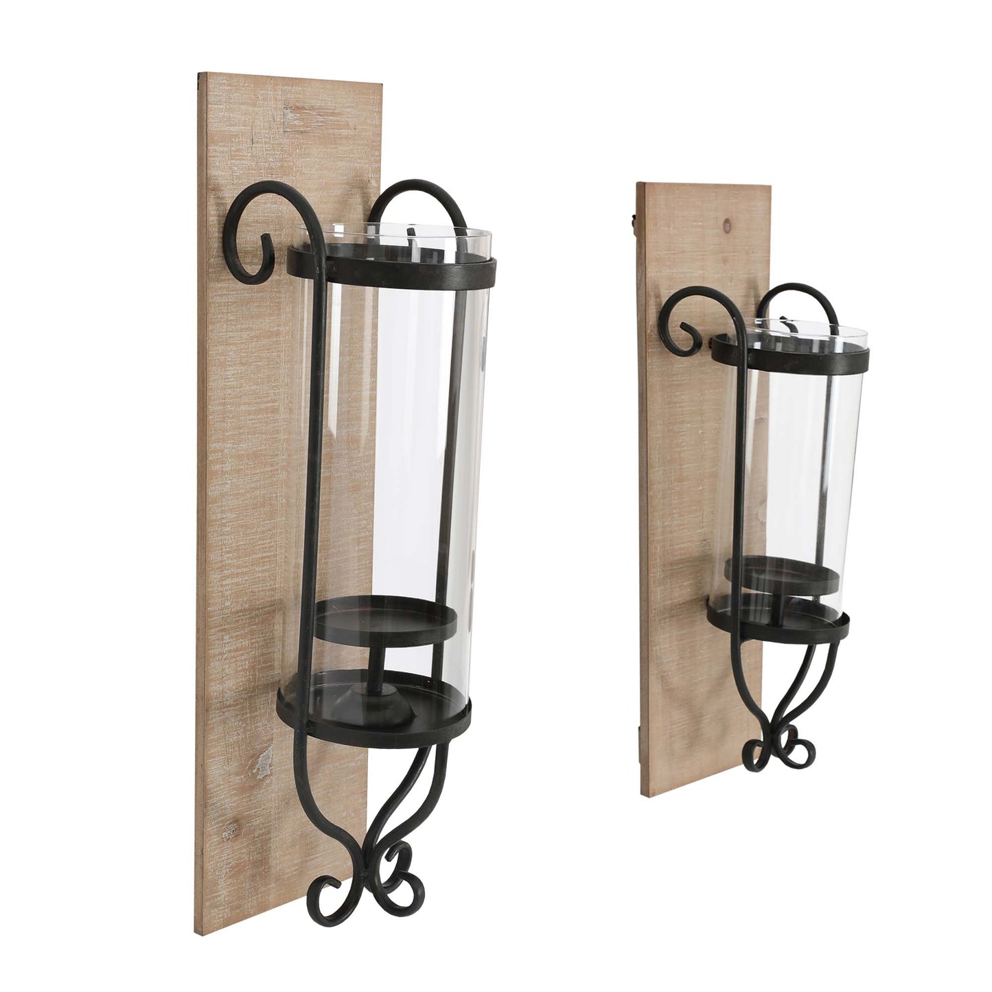 Industrial Wall Mount Wood Candle Holder With Glass Hurrican Set of 2 Black By The Urban Port UPT-250432