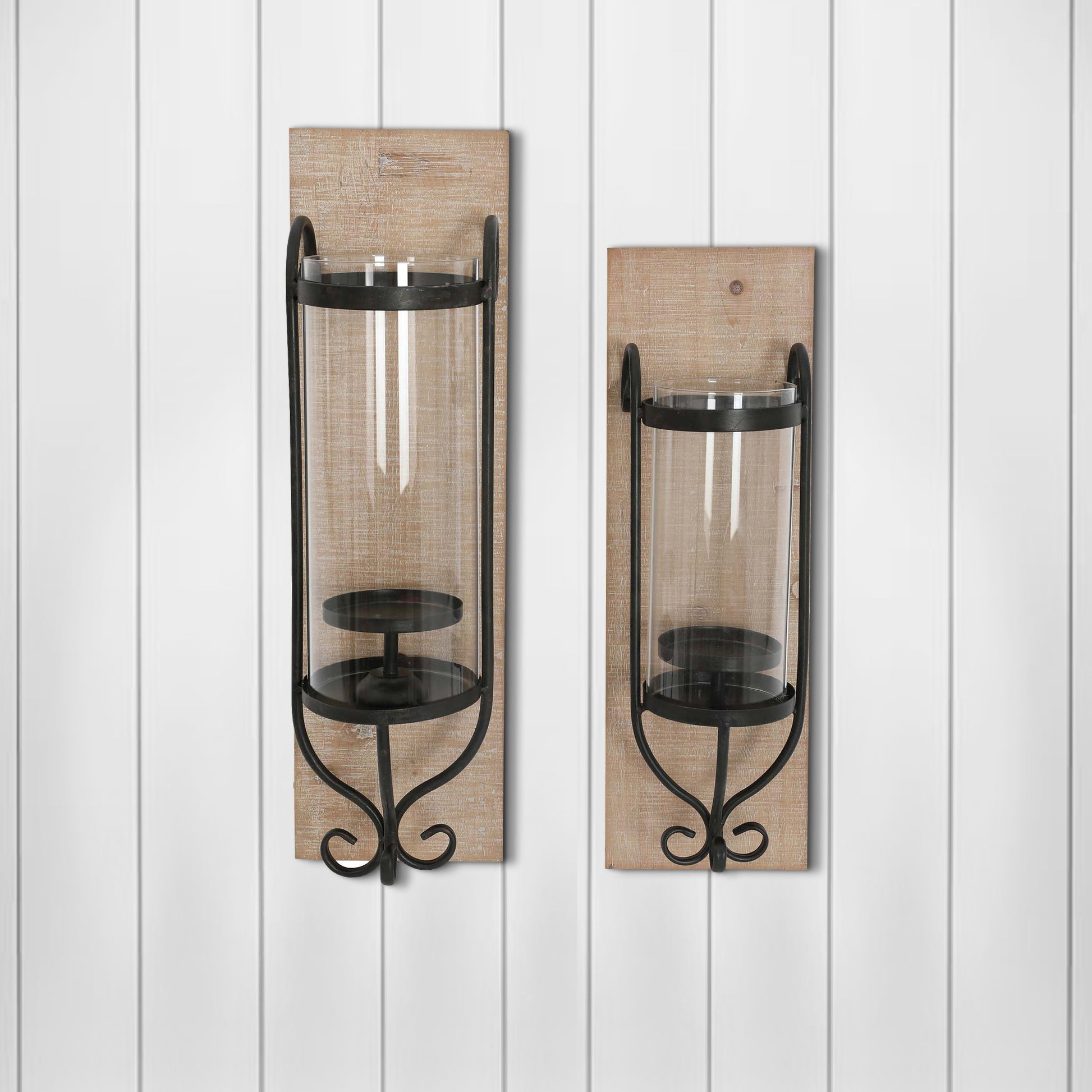 Industrial Wall Mount Wood Candle Holder With Glass Hurrican Set of 2 Black By The Urban Port UPT-250432