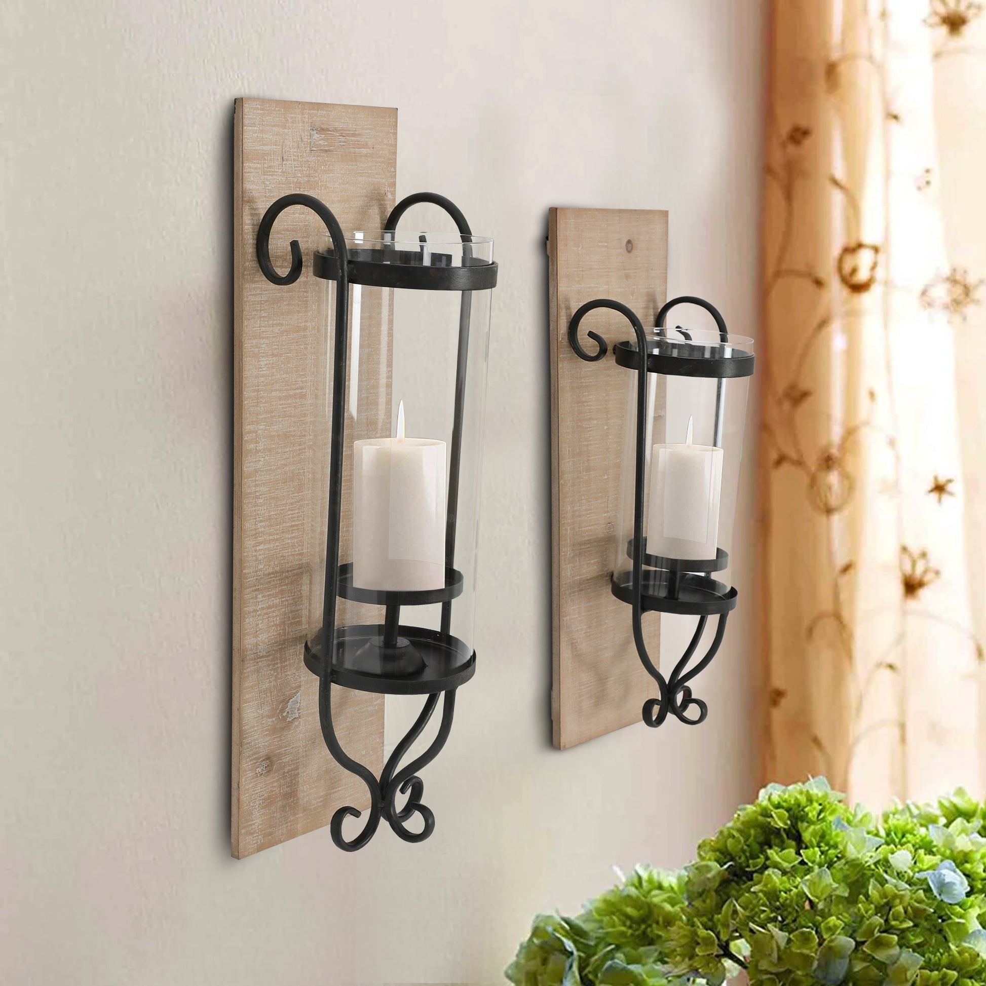 Industrial Wall Mount Wood Candle Holder With Glass Hurrican, Set of 2, Black By The Urban Port