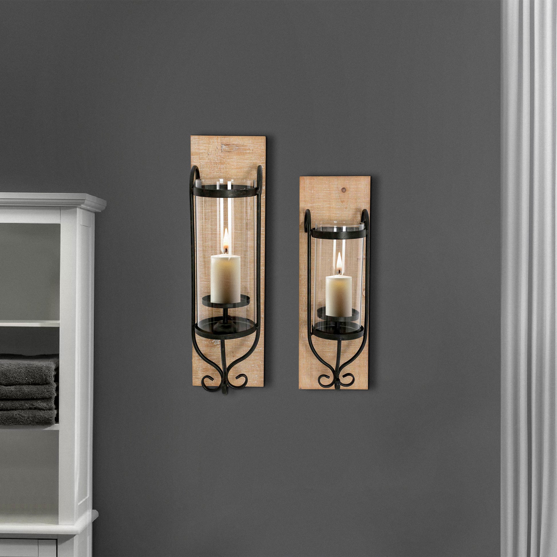 Industrial Wall Mount Wood Candle Holder With Glass Hurrican Set of 2 Black By The Urban Port UPT-250432