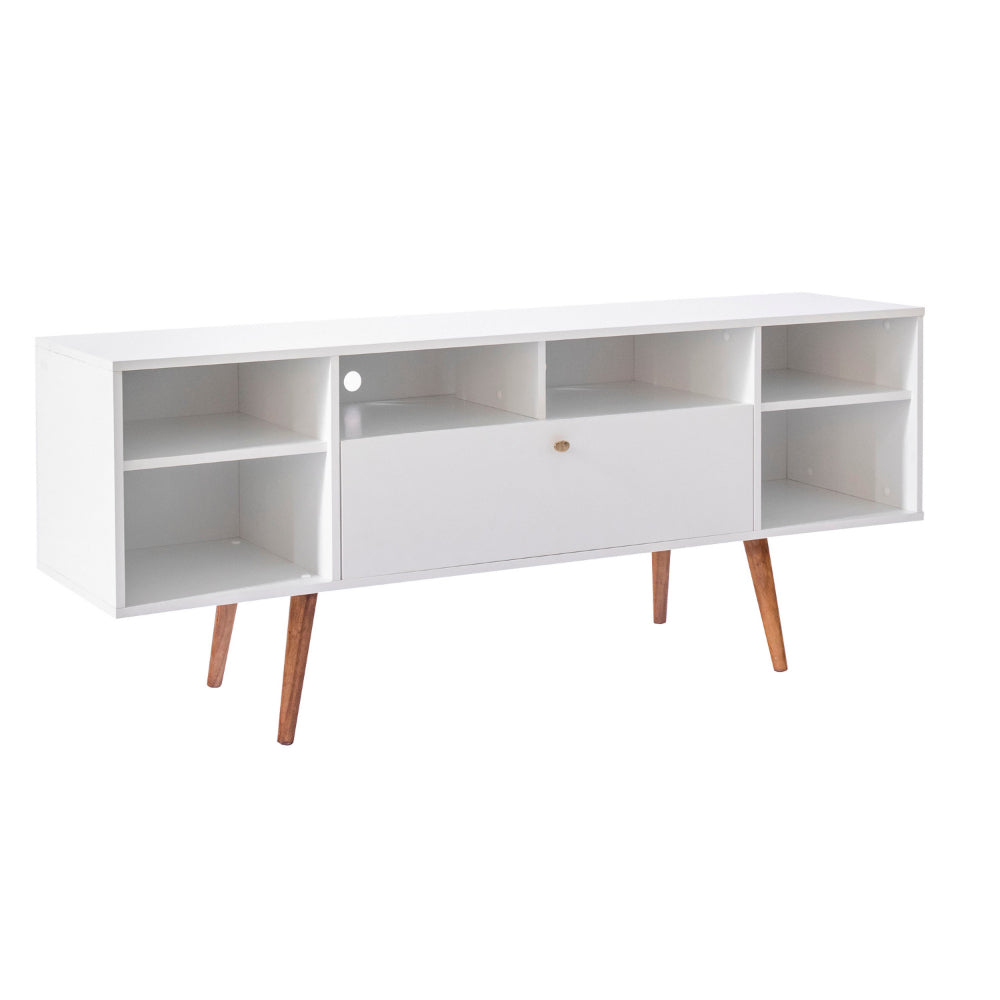 Reece 63 Inch Handcrafted Modern Wood TV Media Entertainment Console Drop Down Storage 2 Tone Brown Legs White By The Urban Port UPT-262093