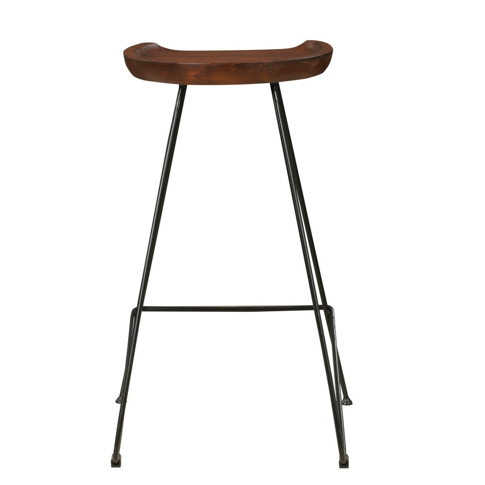 Counter Height Barstool with Wooden Seat and Tubular Metal Frame Dark Brown and Black By The Urban Port UPT-263266