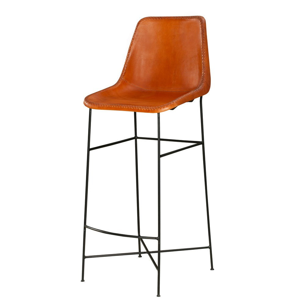 Bar Height Chair with Genuine Leather Upholstery Tubular Frame Tan Brown Black By The Urban Port UPT-263267