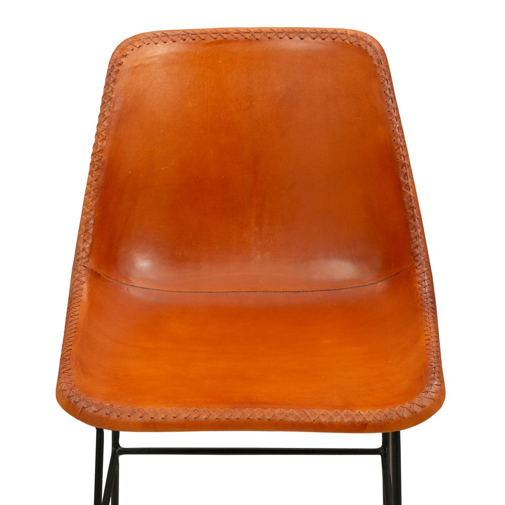 Bar Height Chair with Genuine Leather Upholstery Tubular Frame Tan Brown Black By The Urban Port UPT-263267