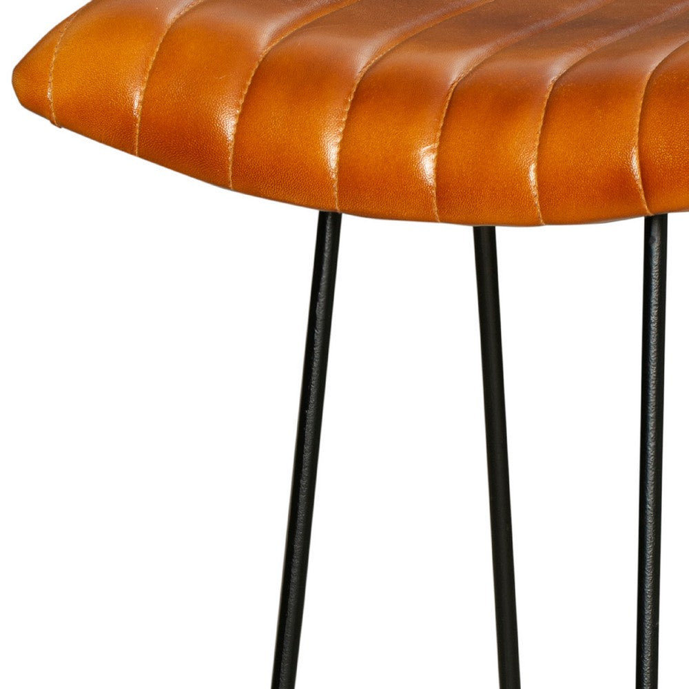 Industrial Barstool with Curved Genuine Leather Seat and Tubular Frame Tan Brown and Black By The Urban Port UPT-263270