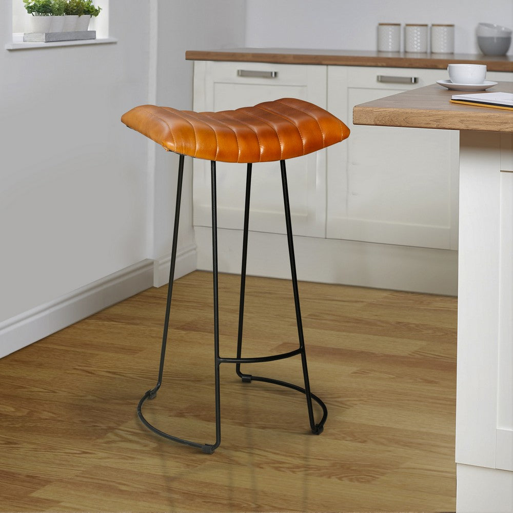 Industrial Barstool with Curved Genuine Leather Seat and Tubular Frame Tan Brown and Black By The Urban Port UPT-263270