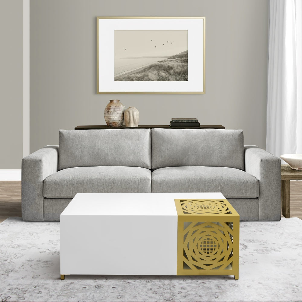 48 Inch Rectangular Modern Coffee Table with Geometric Cut Out Design White and Brass By The Urban Port UPT-263766