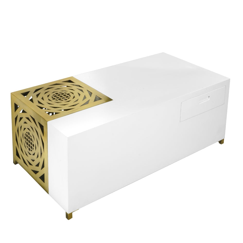 48 Inch Rectangular Modern Coffee Table with Geometric Cut Out Design White and Brass By The Urban Port UPT-263766