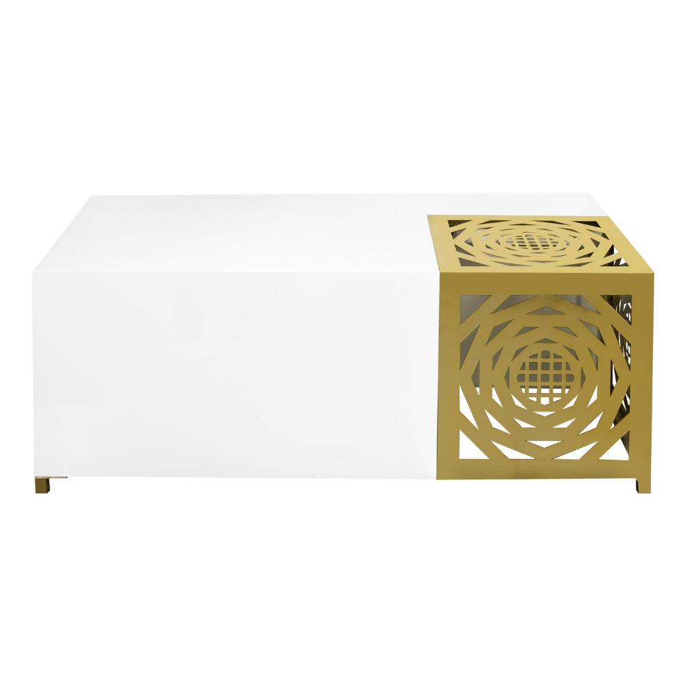 48 Inch Rectangular Modern Coffee Table with Geometric Cut Out Design White and Brass By The Urban Port UPT-263766