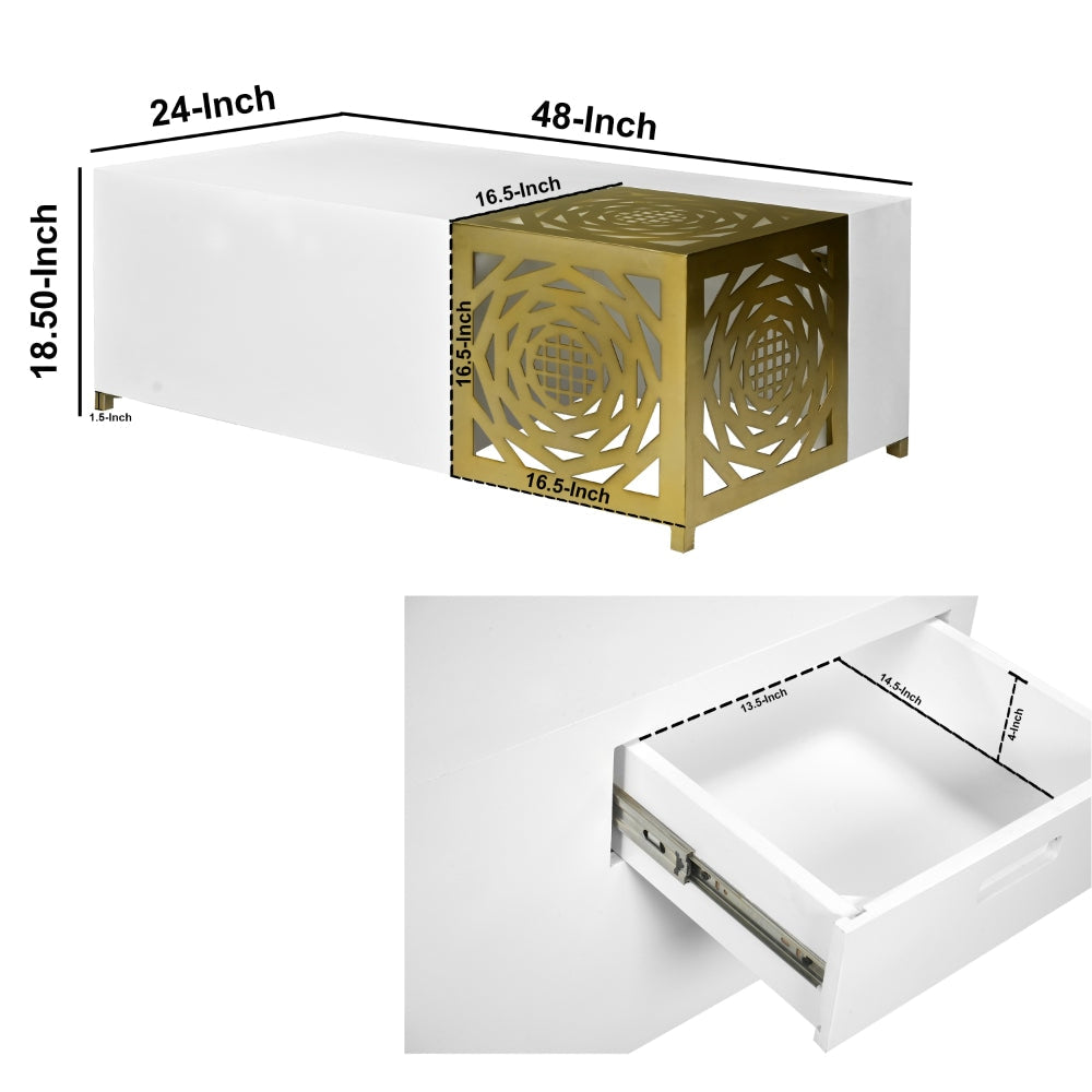 48 Inch Rectangular Modern Coffee Table with Geometric Cut Out Design White and Brass By The Urban Port UPT-263766