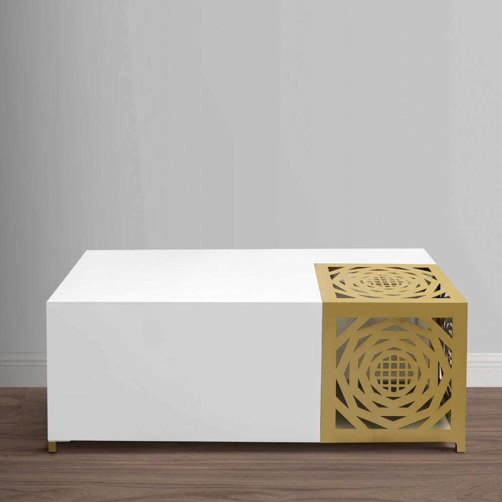 48 Inch Rectangular Modern Coffee Table with Geometric Cut Out Design White and Brass By The Urban Port UPT-263766