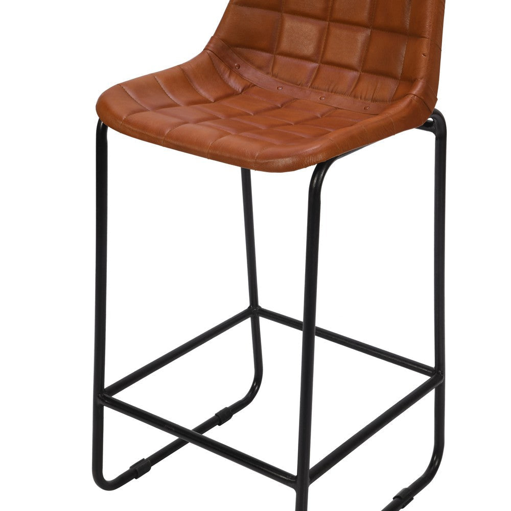 29 Inch Bar Height Chair Square Tufted Genuine Leather Seat Metal Frame Tan Brown Black By The Urban Port UPT-263781