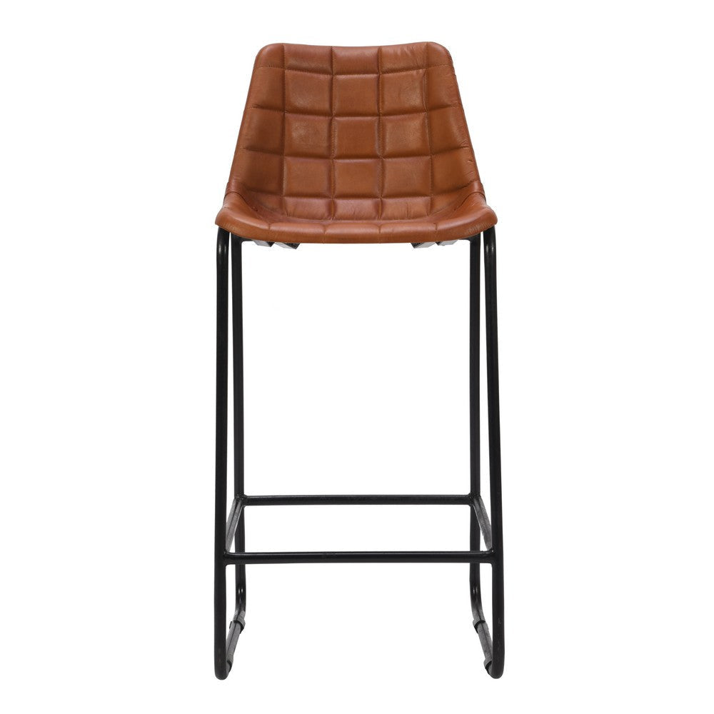 29 Inch Bar Height Chair Square Tufted Genuine Leather Seat Metal Frame Tan Brown Black By The Urban Port UPT-263781