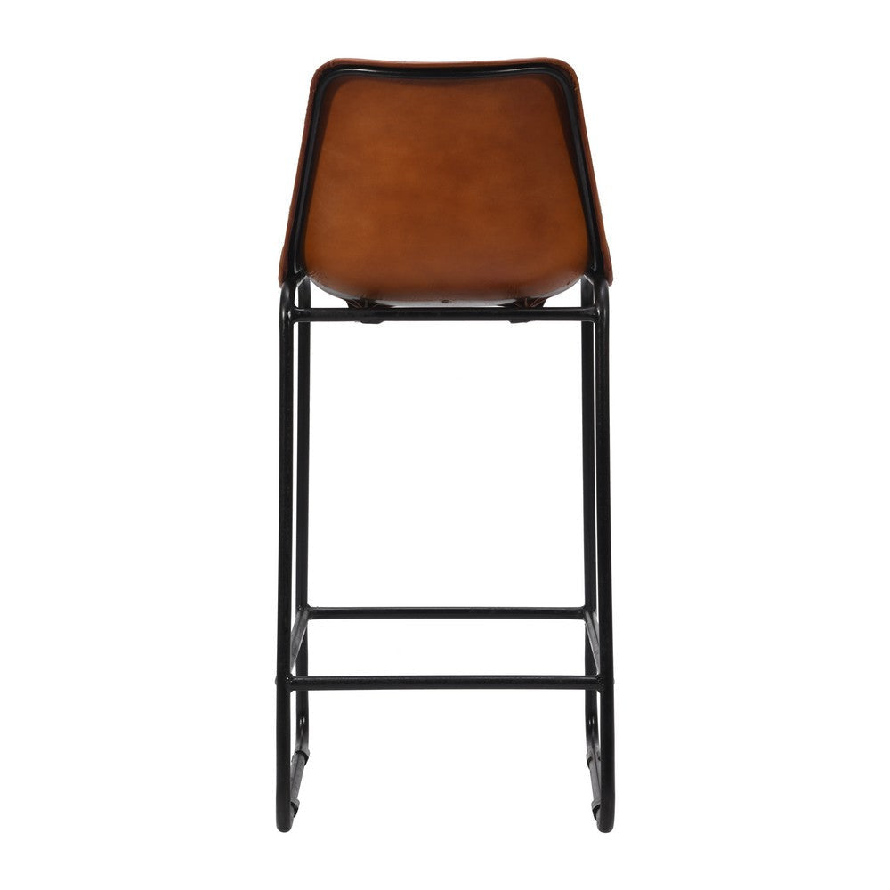 29 Inch Bar Height Chair Square Tufted Genuine Leather Seat Metal Frame Tan Brown Black By The Urban Port UPT-263781