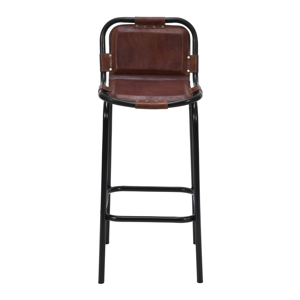 31 Inch Bar Height Chair Genuine Leather Upholstery Metal Frame Brown Black By The Urban Port UPT-263783