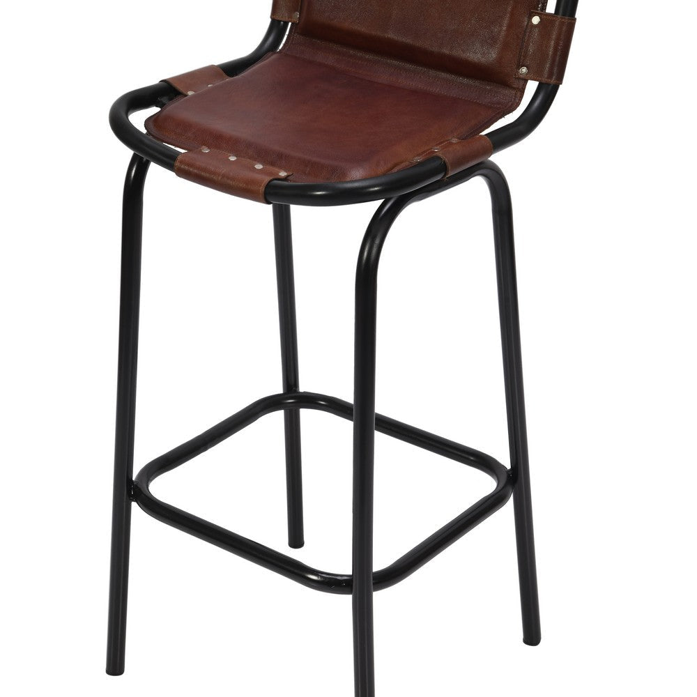 31 Inch Bar Height Chair Genuine Leather Upholstery Metal Frame Brown Black By The Urban Port UPT-263783