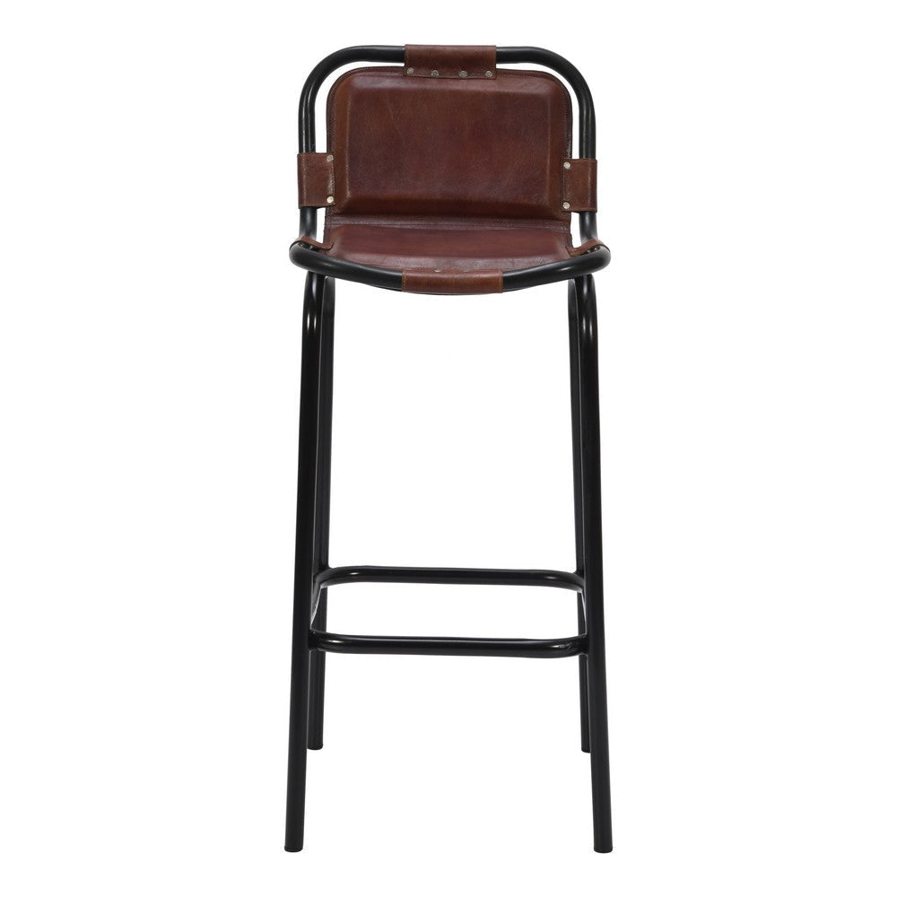 31 Inch Bar Height Chair Genuine Leather Upholstery Metal Frame Brown Black By The Urban Port UPT-263783