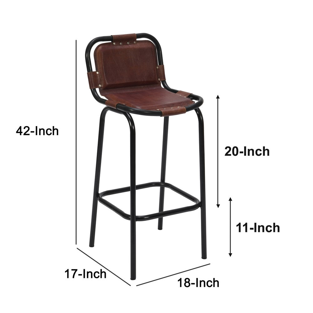 31 Inch Bar Height Chair Genuine Leather Upholstery Metal Frame Brown Black By The Urban Port UPT-263783