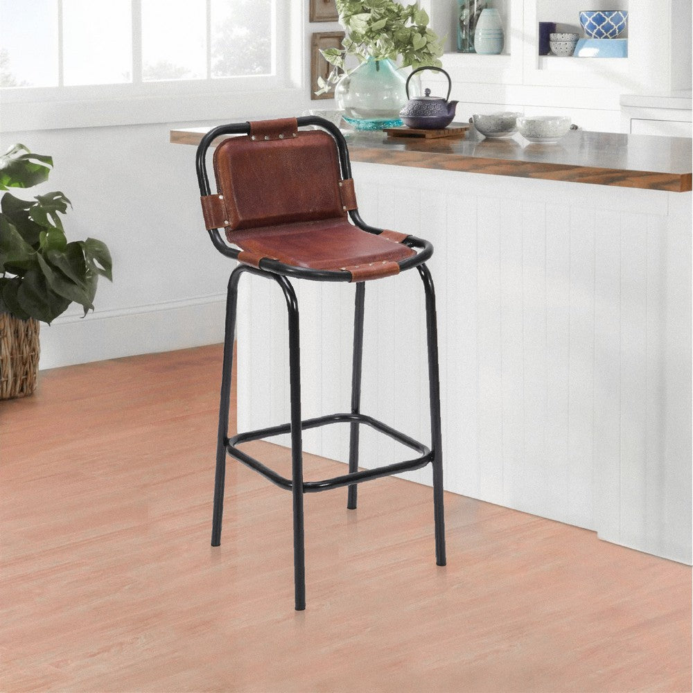 31 Inch Bar Height Chair Genuine Leather Upholstery Metal Frame Brown Black By The Urban Port UPT-263783