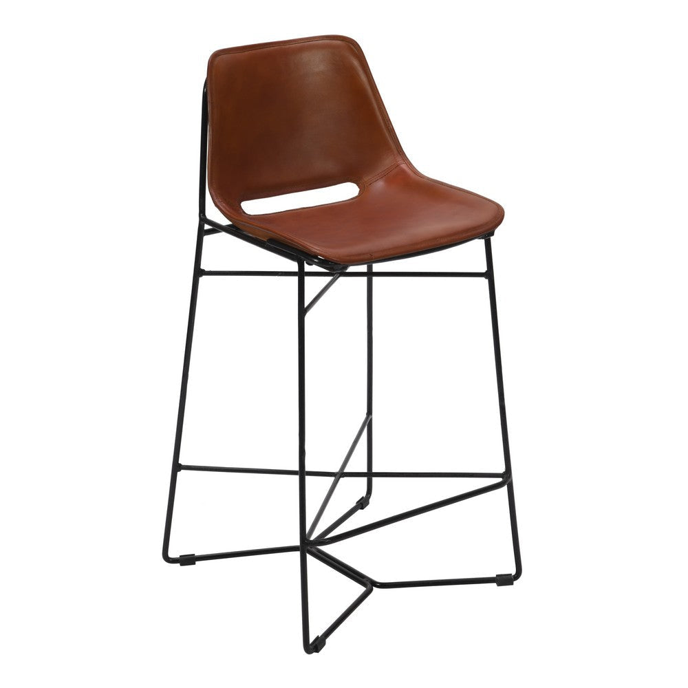 29 Inch Bar Height Chair Curved Seat Genuine Leather Metal Frame Tan Brown Black By The Urban Port UPT-263784