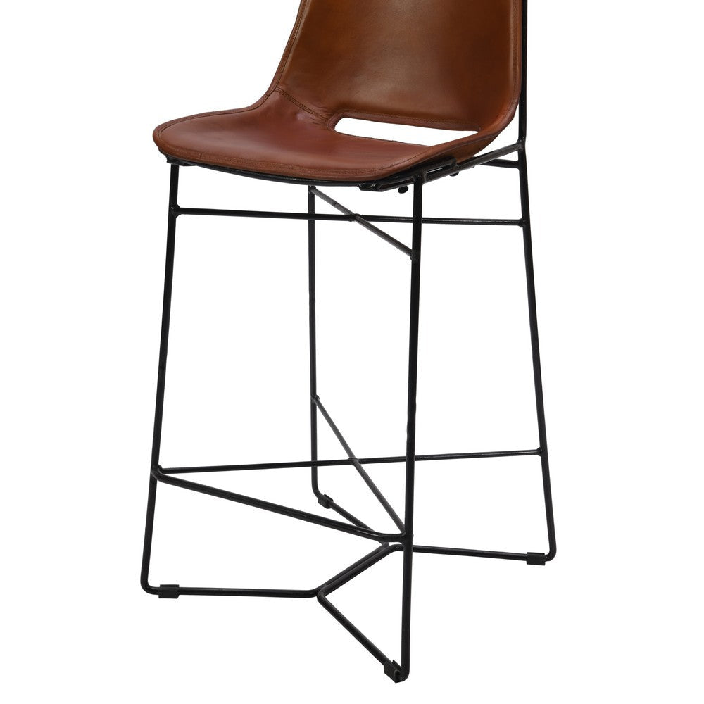 29 Inch Bar Height Chair Curved Seat Genuine Leather Metal Frame Tan Brown Black By The Urban Port UPT-263784