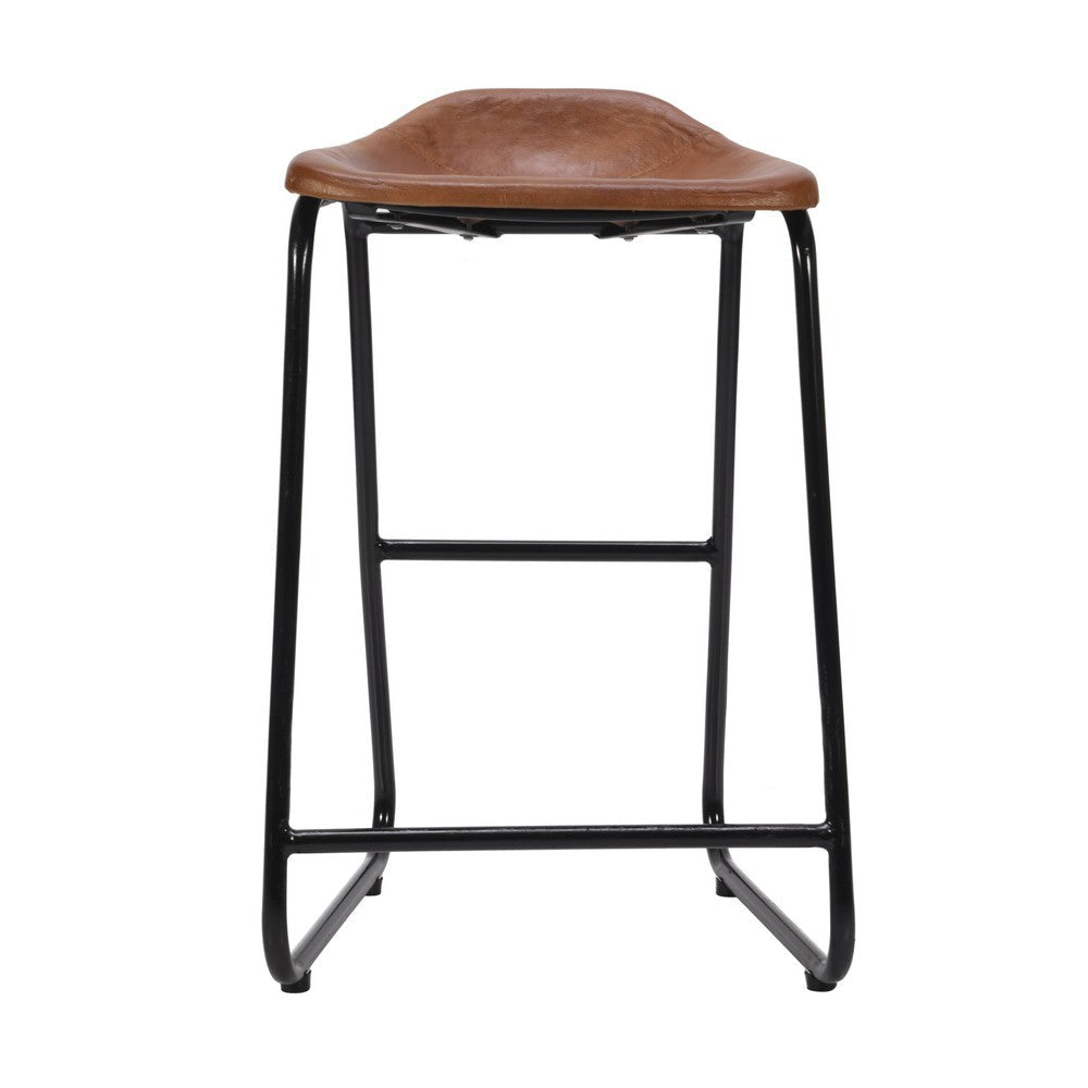 26 Inch Counter Height Bar Stool Genuine Leather Bucket Seat Metal Brown Black By The Urban Port UPT-263786