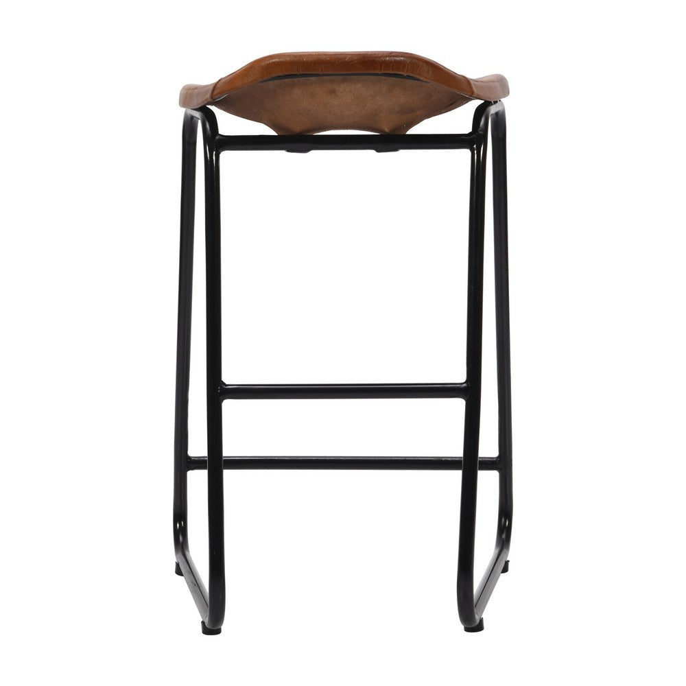 26 Inch Counter Height Bar Stool Genuine Leather Bucket Seat Metal Brown Black By The Urban Port UPT-263786