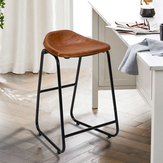 26 Inch Counter Height Bar Stool Genuine Leather Bucket Seat Metal Brown Black By The Urban Port UPT-263786