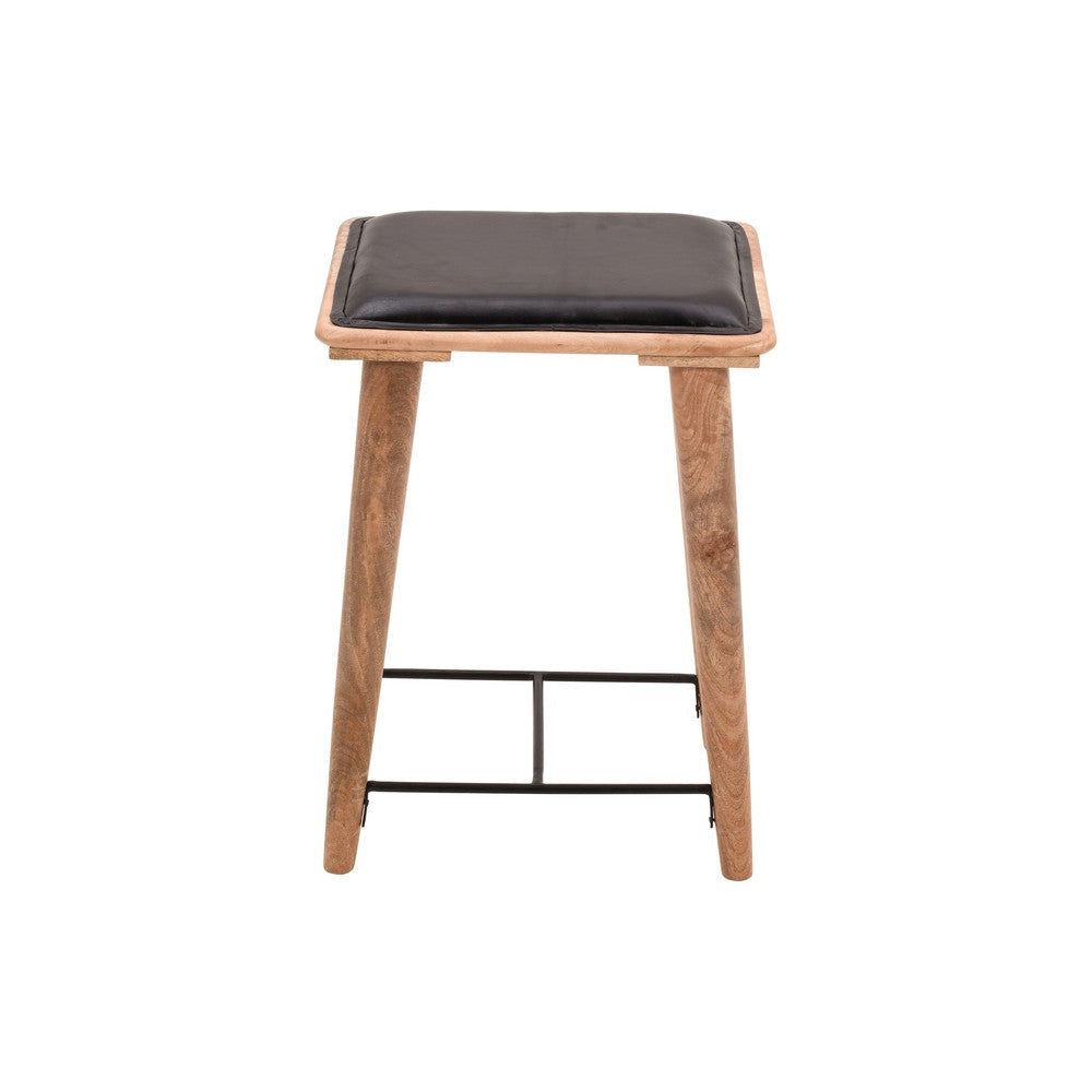 25 Inch Counter Height Bar Stool Genuine Leather Seat Mango Wood Frame Black Brown By The Urban Port UPT-263787