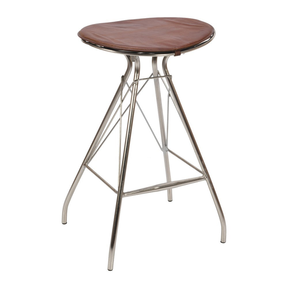 30 Inch Metal Frame Bar Stool Round Genuine Leather Seat Dark Brown Silver By The Urban Port UPT-263788