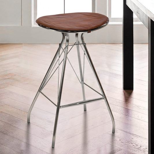 30 Inch Metal Frame Bar Stool Round Genuine Leather Seat Dark Brown Silver By The Urban Port UPT-263788