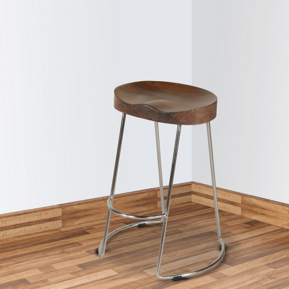 Ela 30 Inch Bar Stool with Mango Wood Saddle Seat Iron Frame Brown and Silver By The Urban Port UPT-263791