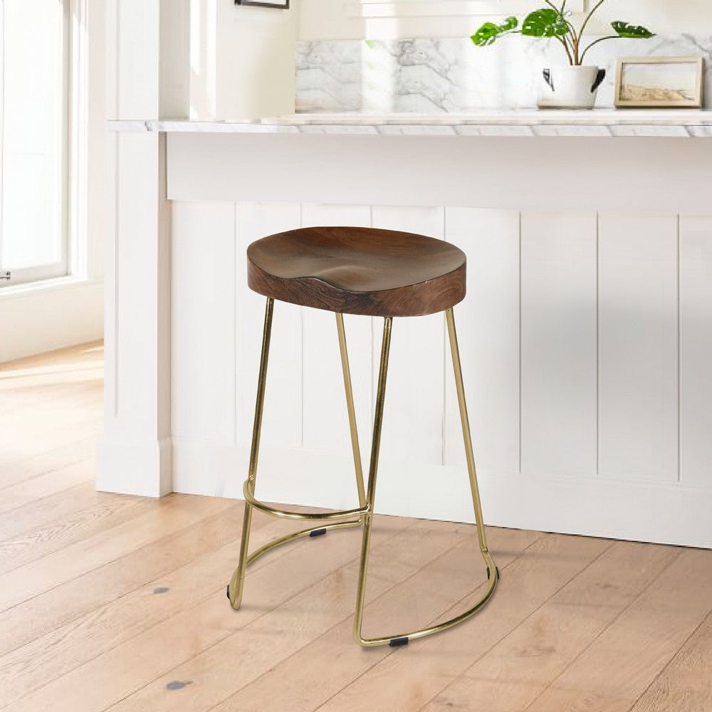 Ela 30 Inch Mango Wood Bar Stool Saddle Seat Iron Set of 2 Walnut Brown Gold By The Urban Port UPT-263793