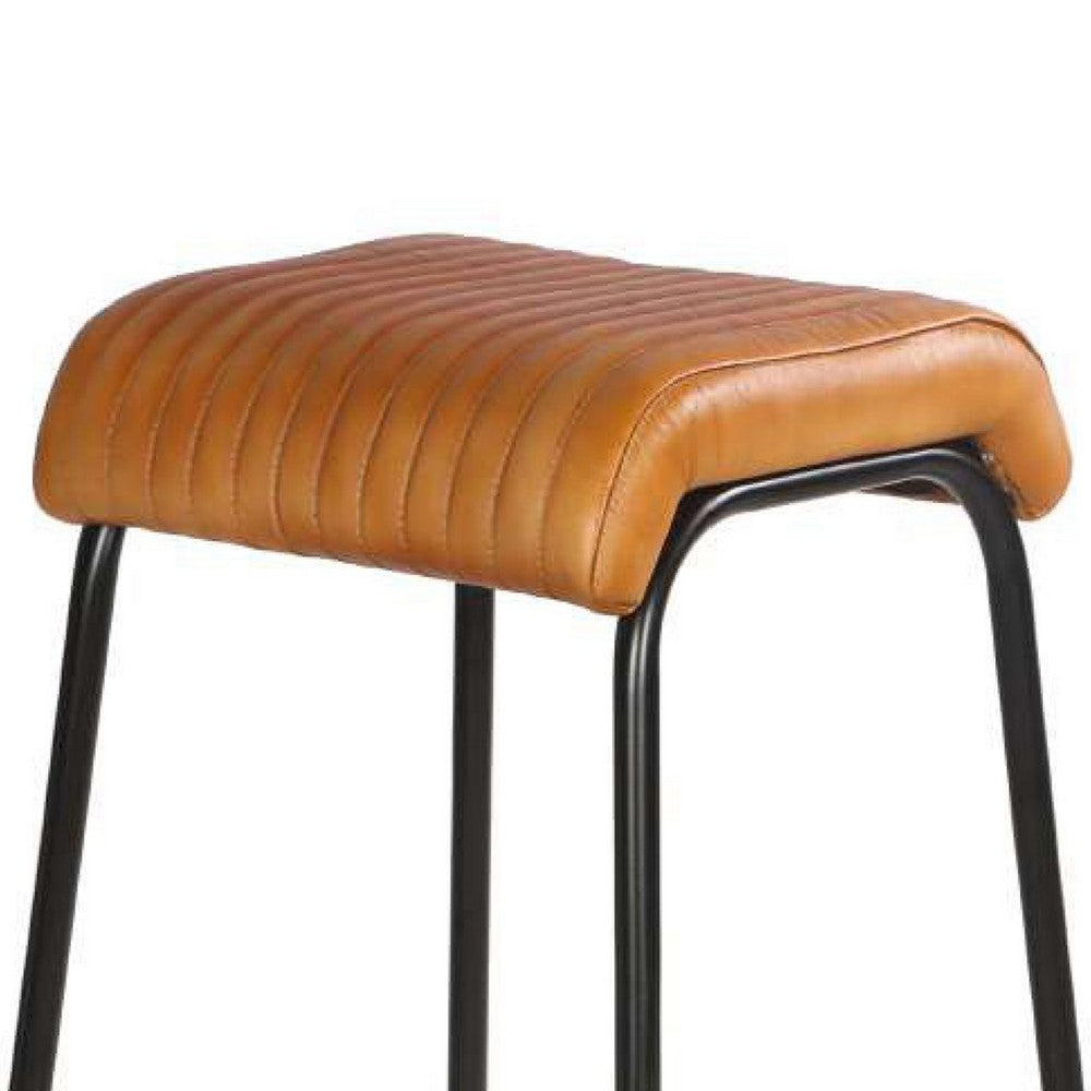 31 Inch Modern Bar Stool Genuine Leather Seat Iron Frame Channel Stitched Tan Brown Black By The Urban Port UPT-266367