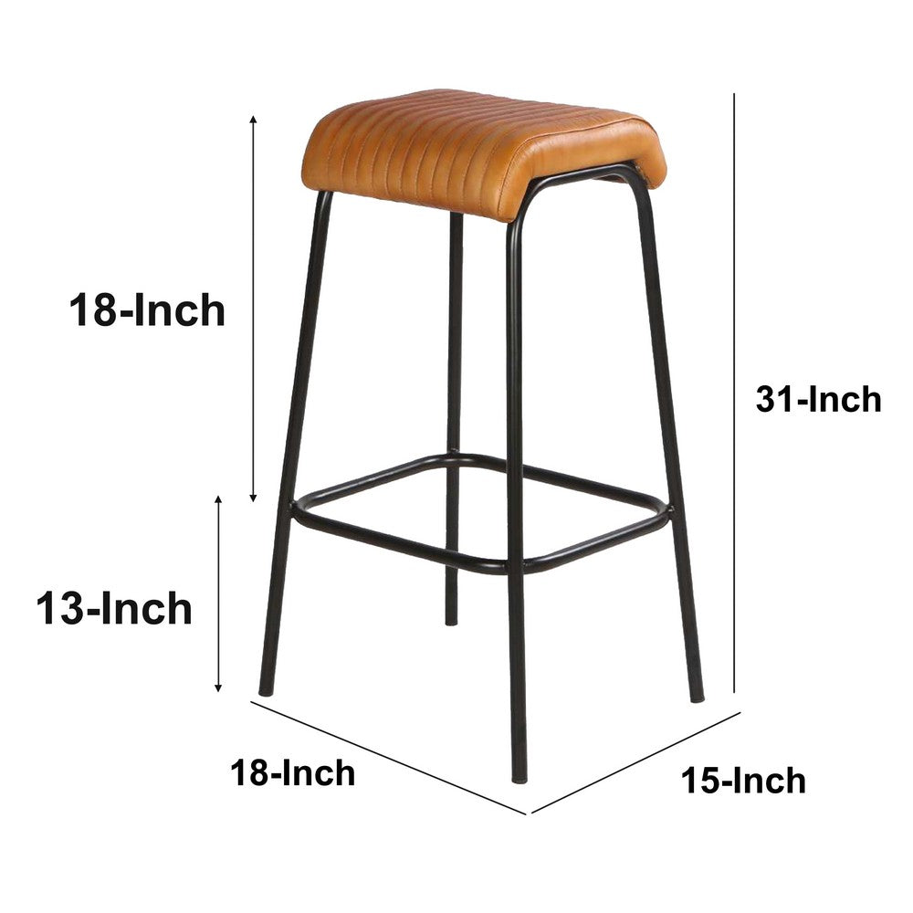 31 Inch Modern Bar Stool Genuine Leather Seat Iron Frame Channel Stitched Tan Brown Black By The Urban Port UPT-266367