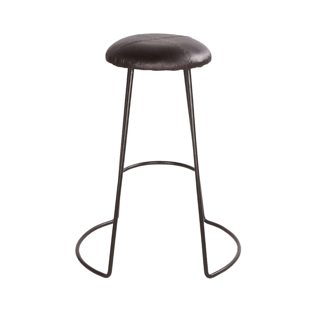 Uri 26 Inch Modern Counter Height Stool Genuine Leather Upholstery Metal Frame Baseball Stitching Black By The Urban Port UPT-266369