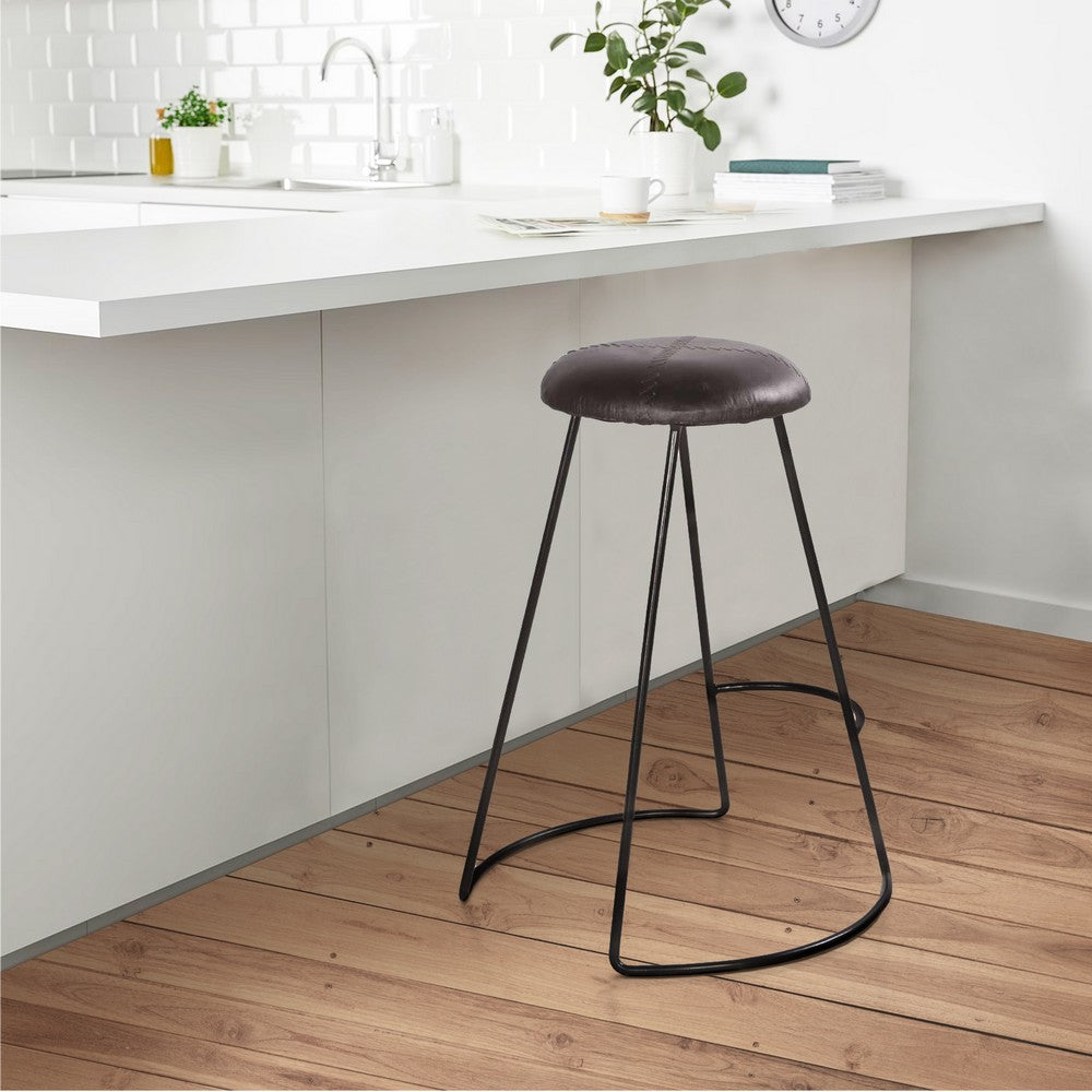 Uri 26 Inch Modern Counter Height Stool Genuine Leather Upholstery Metal Frame Baseball Stitching Black By The Urban Port UPT-266369