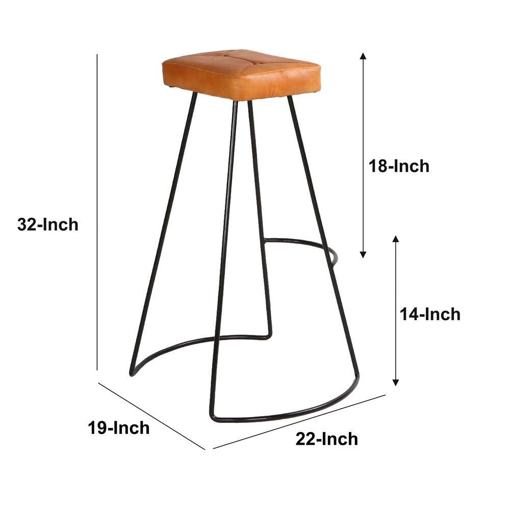 Uri 32 Inch Modern Bar Stool Genuine Leather Seat Metal Frame Button Tufted Tan Brown Black By The Urban Port UPT-266370