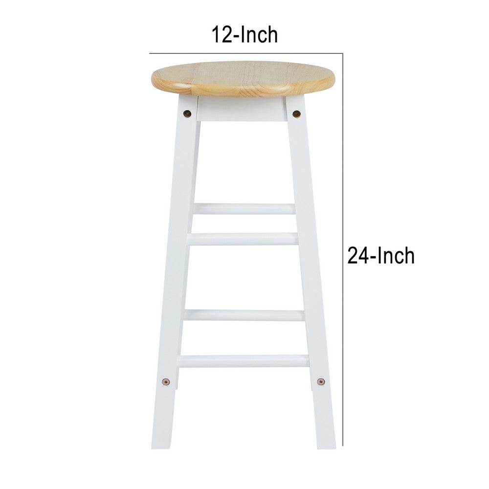 24 Inch Rubber Wood Counter Height Round Top Backless Bar Stool Set of 2 Brown and White By The Urban Port UPT-266393