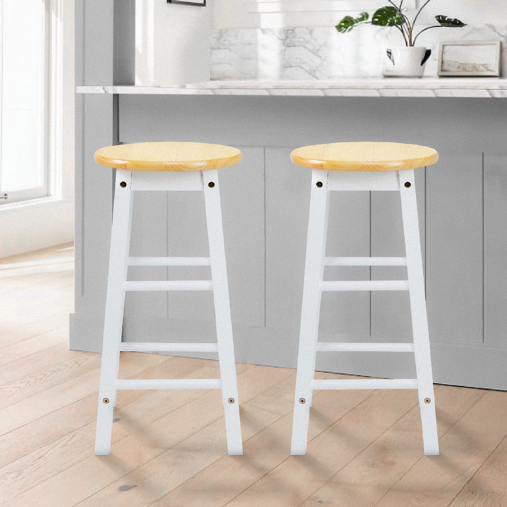 24 Inch Rubber Wood Counter Height Round Top Backless Bar Stool Set of 2 Brown and White By The Urban Port UPT-266393