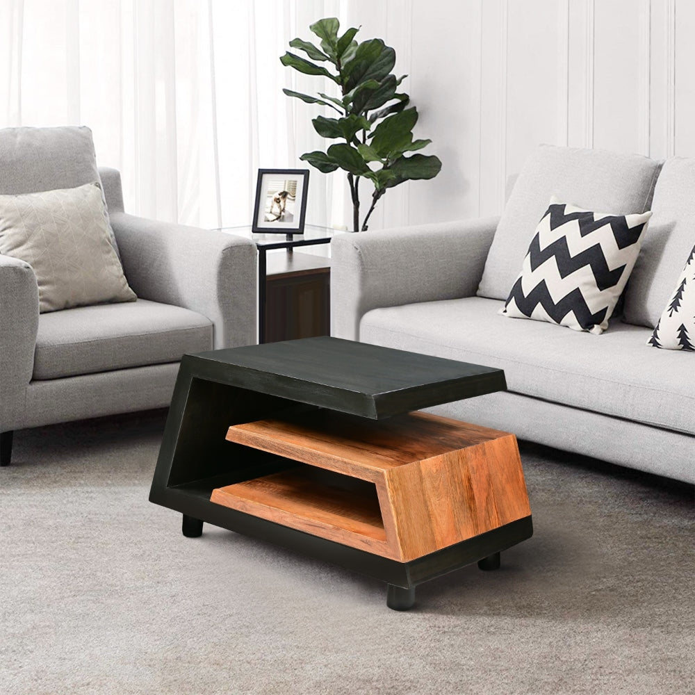 33 Inch Handcrafted Coffee Table, Geometric Dark Walnut and Natural Mango Wood Frame, Block Legs By The Urban Port