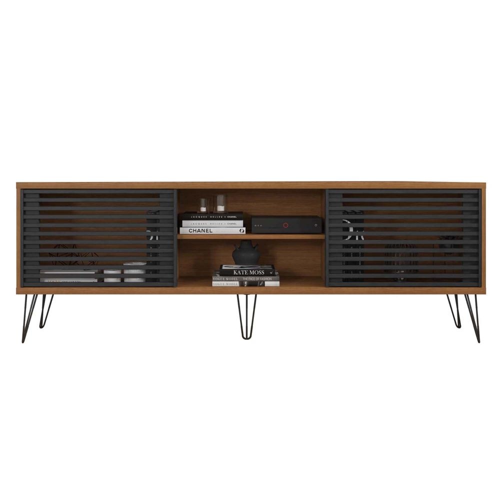 Arthur 71 Inch Handcrafted Wood TV Media Entertainment Console Modern Slatted Doors Single Shelf Walnut Brown Black By The Urban Port