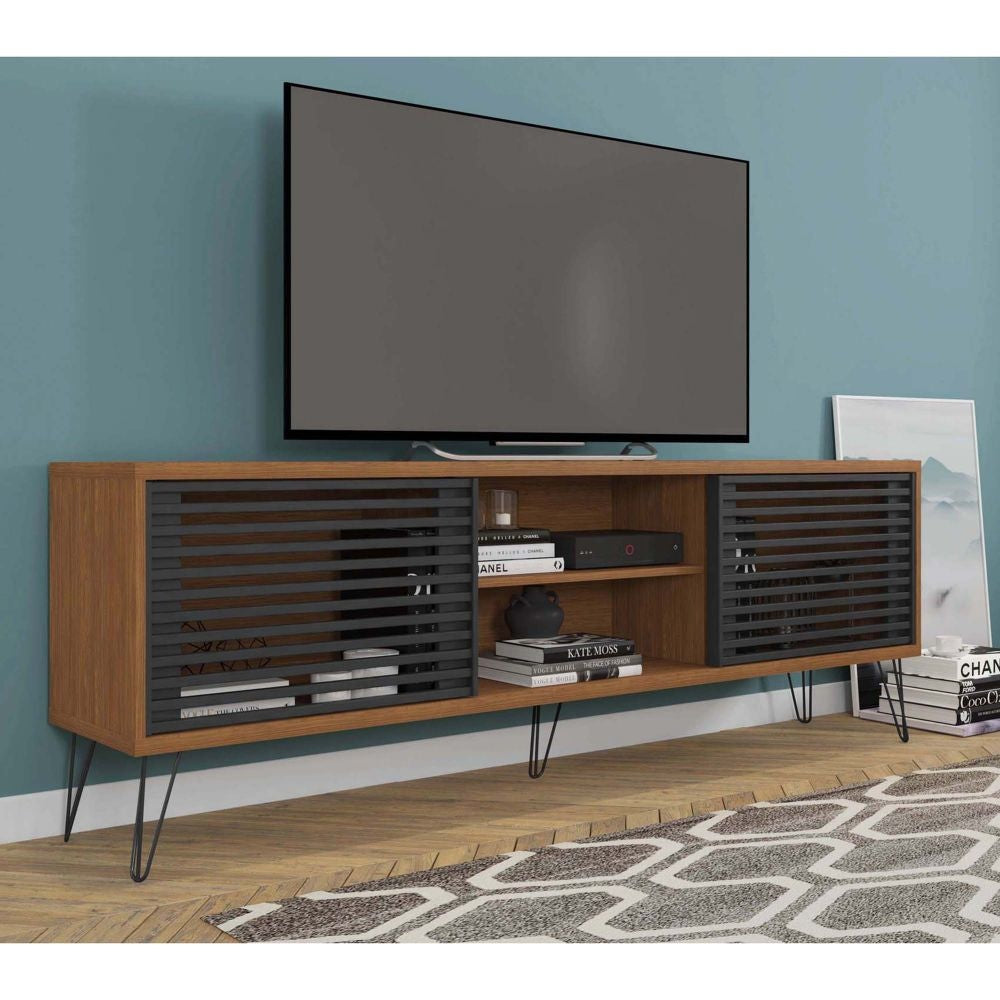 Arthur 71 Inch Handcrafted Wood TV Media Entertainment Console Modern Slatted Doors Single Shelf Walnut Brown Black By The Urban Port