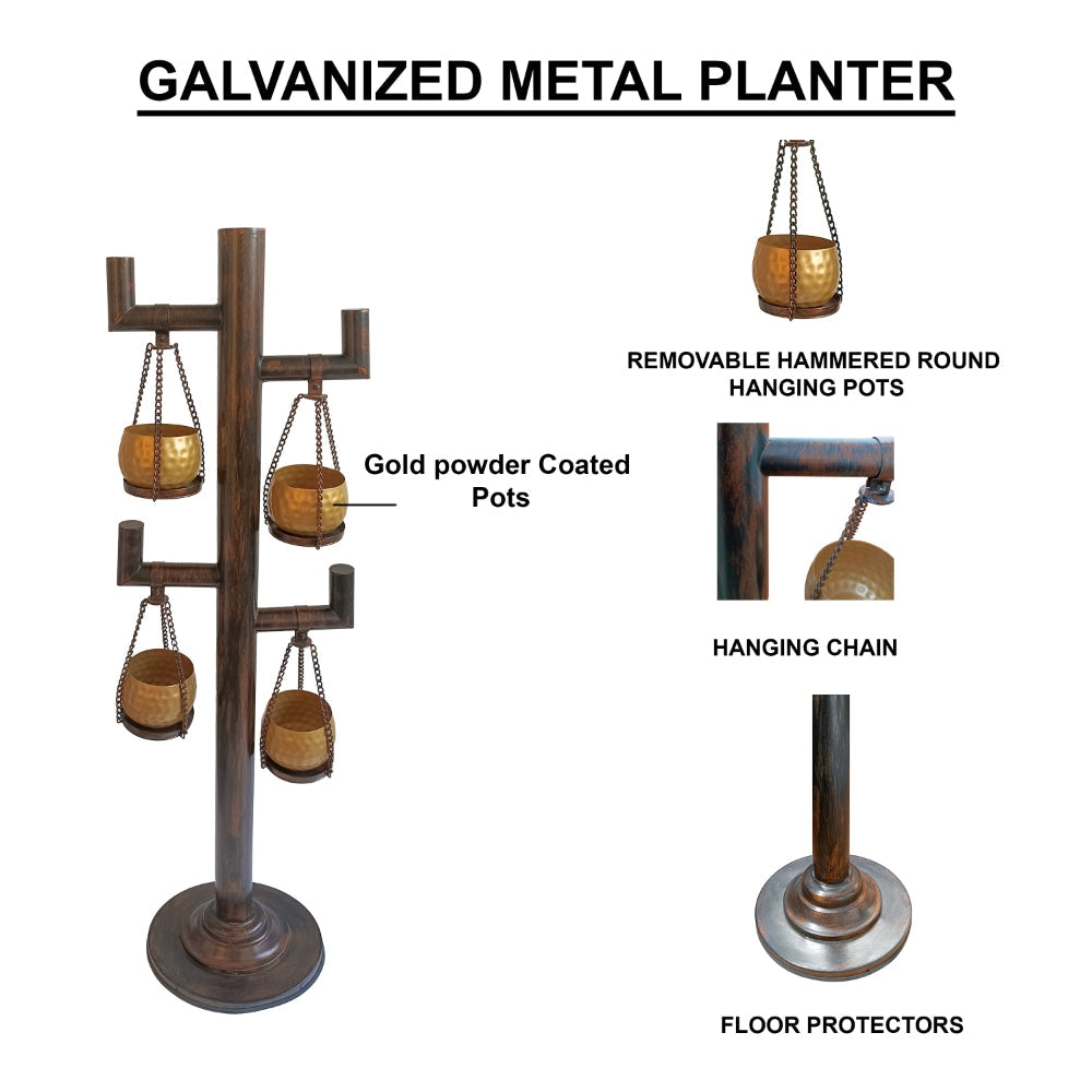 52 Inch Tall Plant Stand with 4 Hanging Pots Antique Bronze Gold Black By The Urban Port UPT-271313