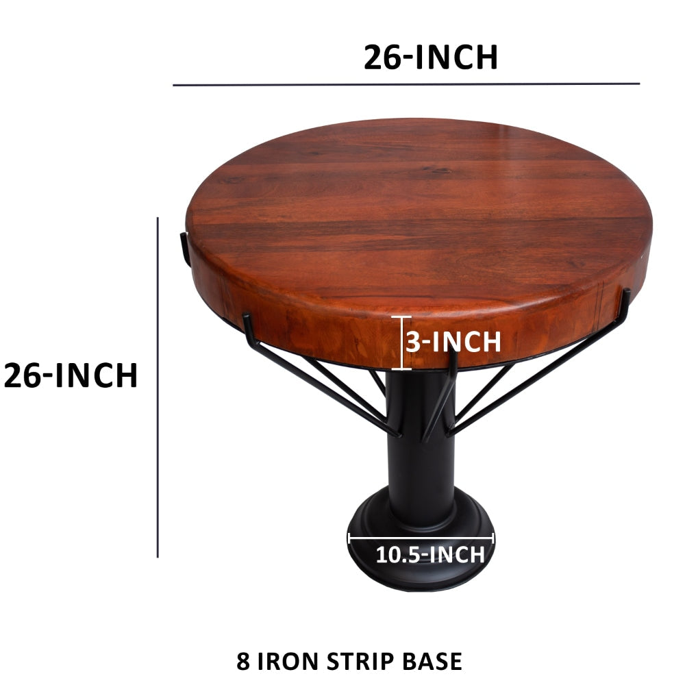 26 Inch Handcrafted Round Side End Table Thick Mango Wood Top Black Iron Pedestal Base By The Urban Port UPT-271315