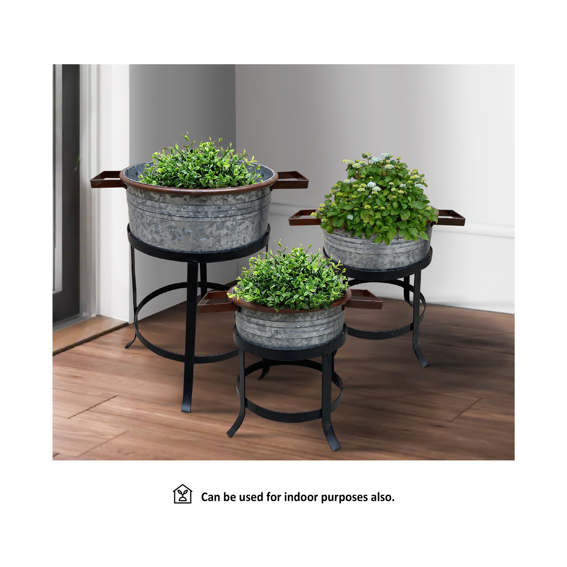 21 18 and 16 Inch 3 Piece Round Tub Metal Planter Set with Stand in Galvanized Gray and Black Iron By The Urban Port UPT-271316