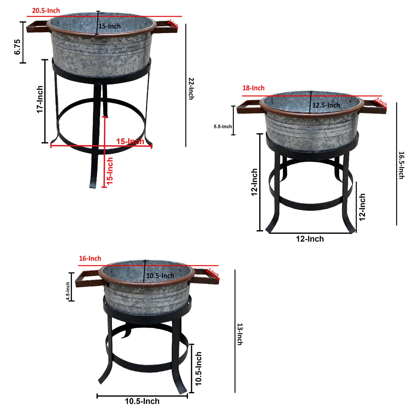 21 18 and 16 Inch 3 Piece Round Tub Metal Planter Set with Stand in Galvanized Gray and Black Iron By The Urban Port UPT-271316