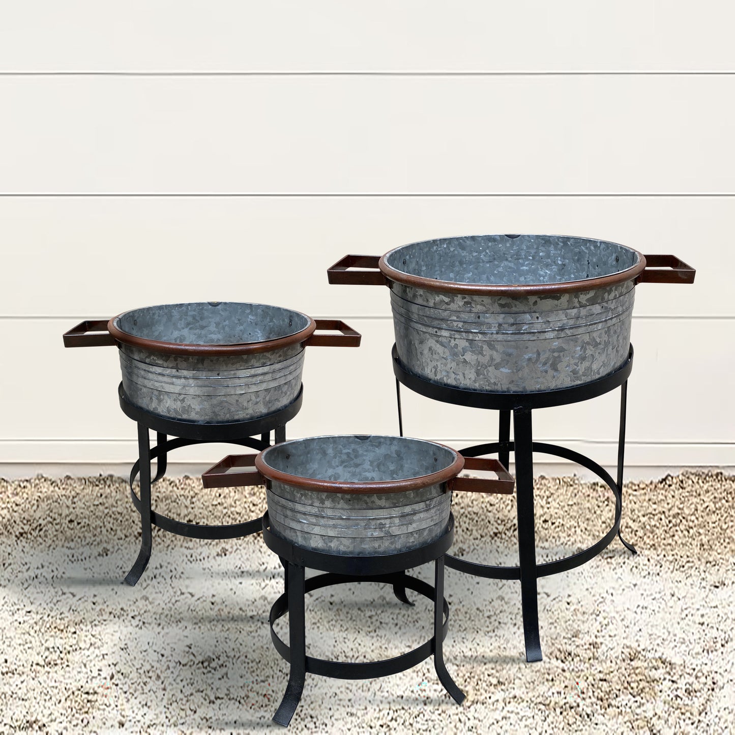 21 18 and 16 Inch 3 Piece Round Tub Metal Planter Set with Stand in Galvanized Gray and Black Iron By The Urban Port UPT-271316