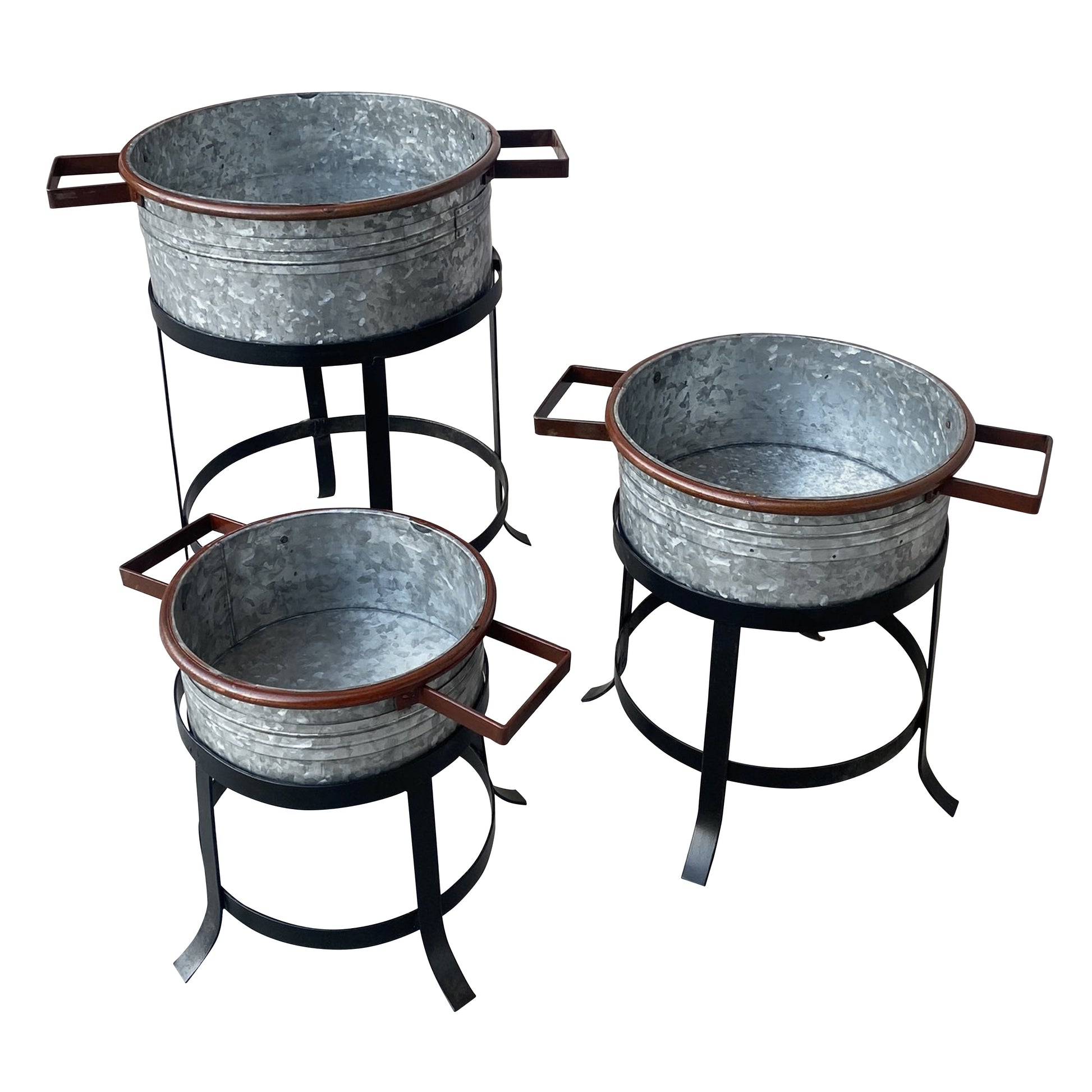 21 18 and 16 Inch 3 Piece Round Tub Metal Planter Set with Stand in Galvanized Gray and Black Iron By The Urban Port UPT-271316