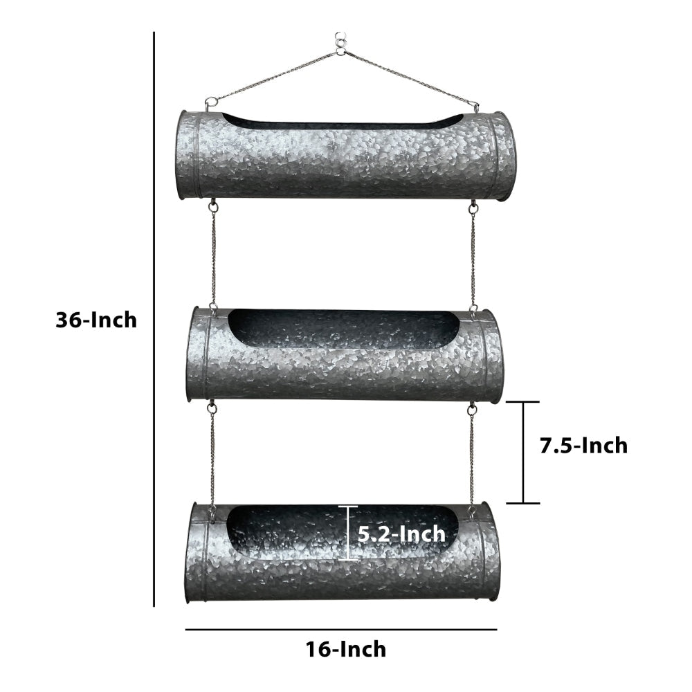 36 Inch 3 Tier Hanging Planter Galvanized Metal With Chrome Chain Silver Finish by The Urban Port UPT-271317